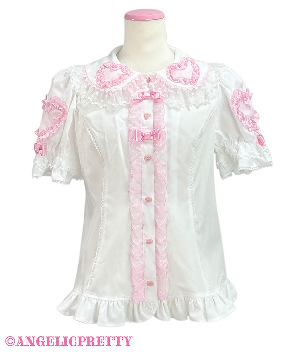 Frill Heart半袖ブラウス(シロ×ピンク)