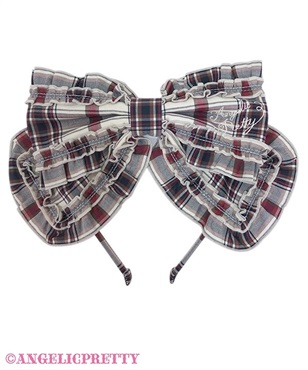 ロゴ刺繍フリルリボンカチューシャ（タータン）(アイボリー)