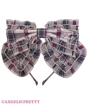 ロゴ刺繍フリルリボンカチューシャ（タータン）(ピンク)