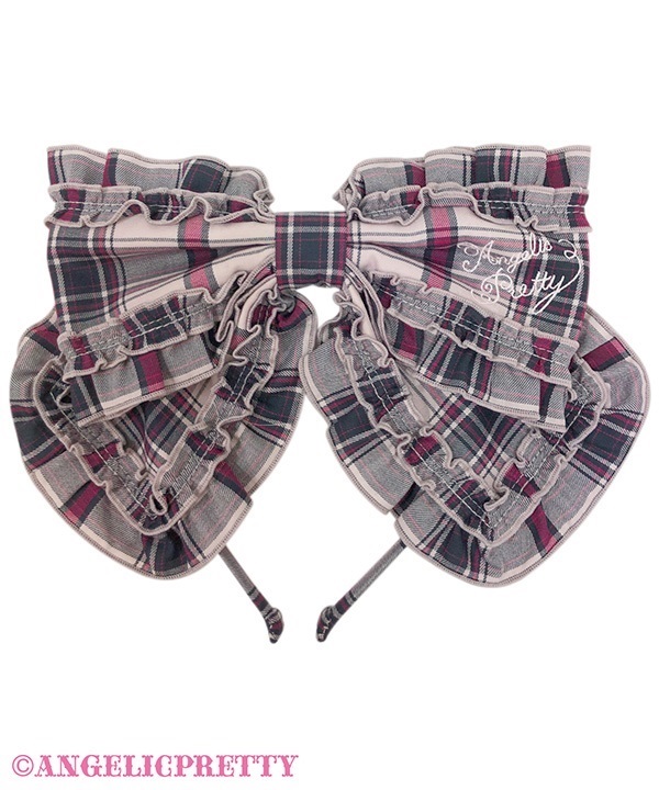 ロゴ刺繍フリルリボンカチューシャ（タータン）(ピンク)