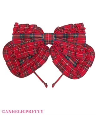 ロゴ刺繍フリルリボンカチューシャ（タータン）(アカ)