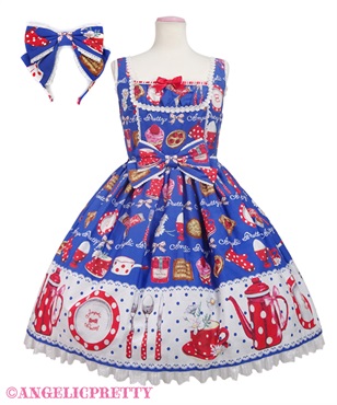 French Cafe切替ジャンパースカートSet(アオ)
