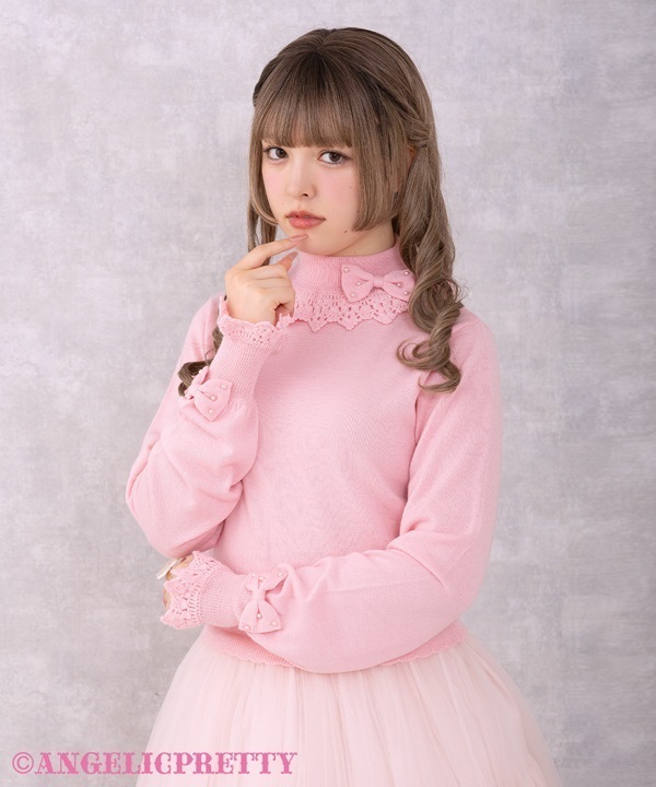 リボンパールタートルネックニット
